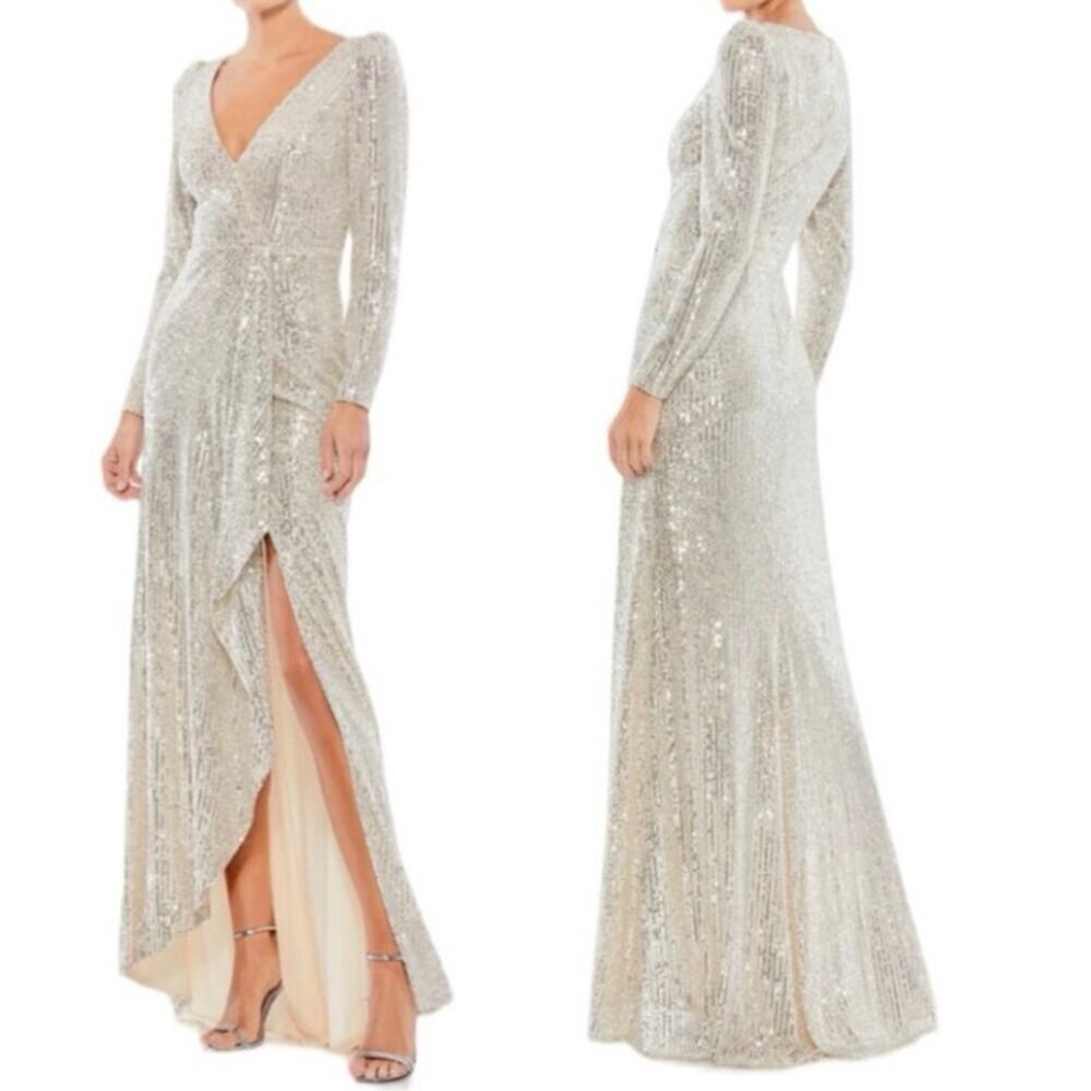 MAC DUGGAL 26395 Silver Sequined Faux Wrap LS Gown, Size 4, New w/ Tag MSRP $398